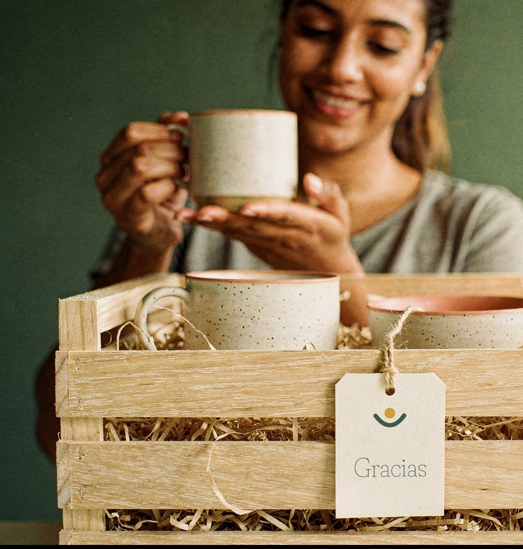 Houten cadeaukist met handgemaakt keramiek en een Gracias-kaartje; op de achtergrond bekijkt een medewerker blij haar nieuwe mok