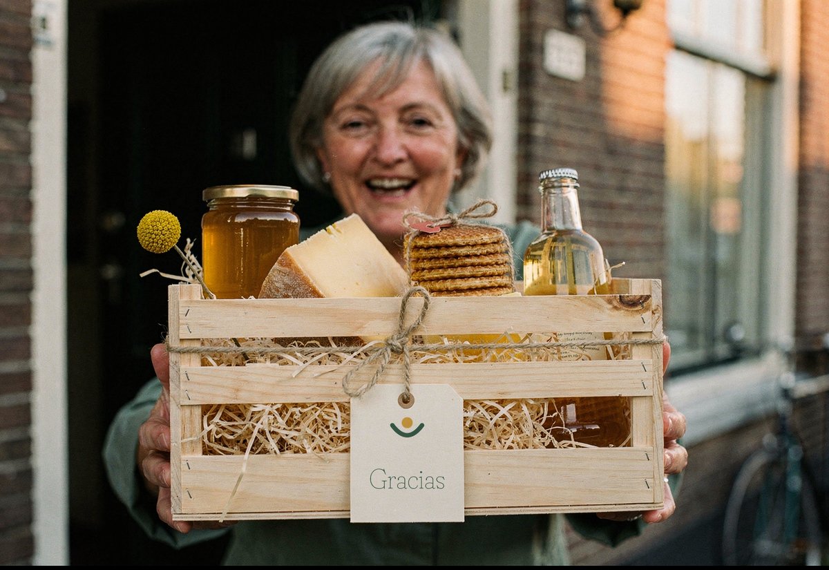 Een blije ontvanger krijgt aan de voordeur een houten kerstbox vol streekproducten met Gracias-kaartje
